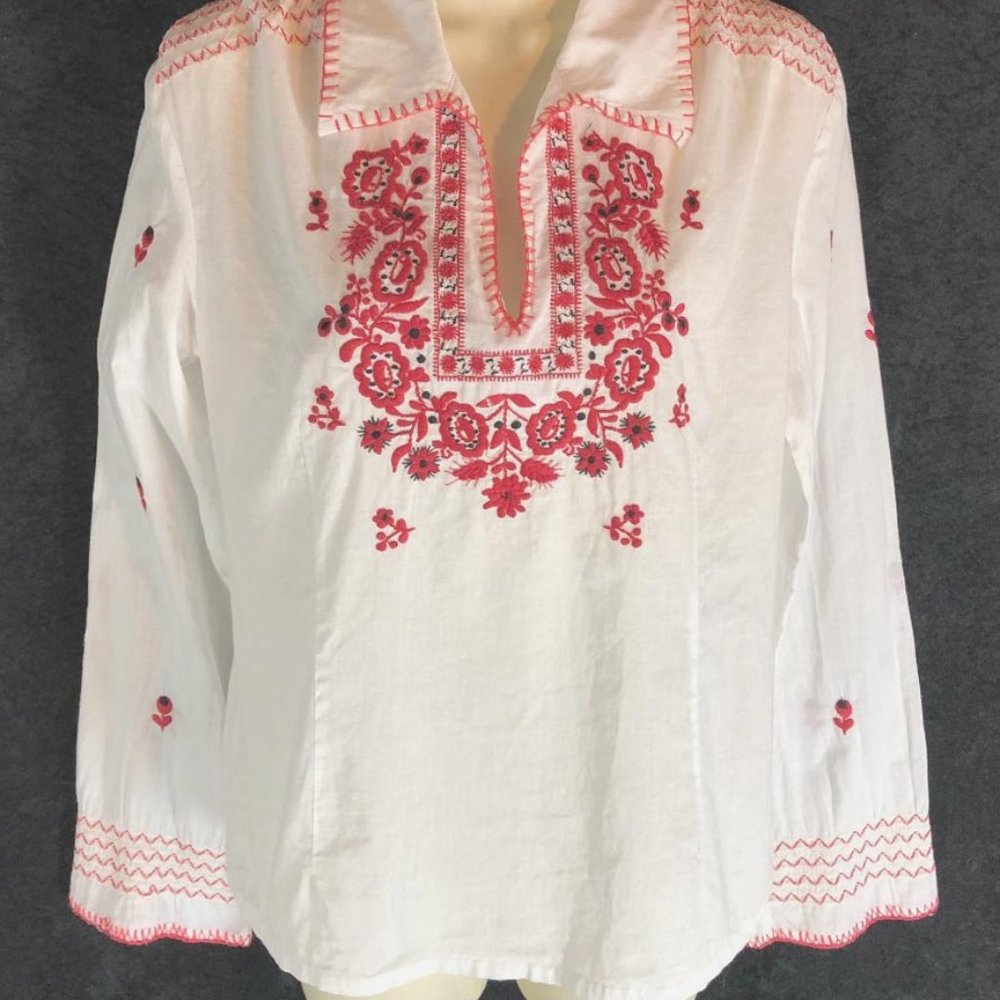 DONNA CODY top 100% Cotton Embroidered Smocked Split Neck Blouse Boho